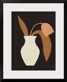 a white vase with two flowers in it on a black background, framed art print