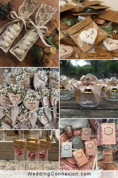 wedding confection collage with heart shaped boxes and tags on display in different locations