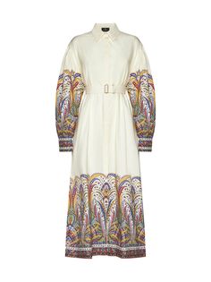 Dress from Etro Composition: ->cotton, 100% | Etro Women's Dress in Print F. do White | SS24 Etro Dresses, Etro Dress, Belted Shirt Dress, Midi Shirt Dress, Top Designer Brands, Gta 5, Flared Skirt, High End Fashion, Balloon Sleeves