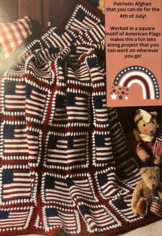 a crocheted blanket with two teddy bears on it and an ad for the american flag