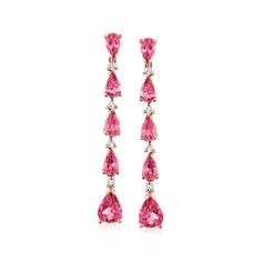 Ross-Simons - 3.00ct t. w. Pink Tourmaline, .16ct t. w. Diamond Drop Earrings in Gold. Give your night-out ensembles a gorgeous pop of pink with these fabulous drop earrings! 3.00 ct. t. w. pear-shaped pink tourmalines dazzle as they descend, with .16 ct. t. w. round brilliant-cut diamonds twinkling in between. Finely crafted in polished 14kt rose gold. Hanging length is 1 1/2". Post/clutch, diamond and pink tourmaline drop earrings. Pink Tourmaline Earrings, Pink Prom Earrings, Pink And Gold Jewelry, Pink Diamond Earrings, Prom Earrings, Tourmaline Earrings, Normal Clothes, Pink Sparkle, Sparkle Earrings