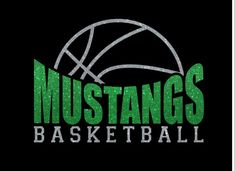 the logo for mustangs basketball is shown in green and silver on a black background