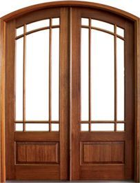 two wooden doors side by side with windows