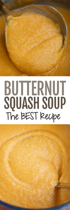 butternut squash soup in a bowl with the title text overlayed above it