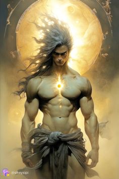 a man with long hair standing in front of a sun and moon background, holding his hands on his hips