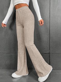 Solid Color Ribbed High Waist Flare Leg Pants - AnotherChill Ribbed Flares, Crop Pullover, Casual Chique, Solid Color Pants, Winter Pants, Bootcut Pants, Flare Leg Pants, Bell Bottom, Slim Waist