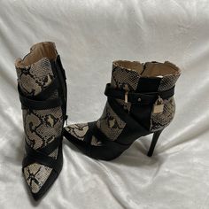 Size 10 Blk And Tan Black Snake Print Boots For Fall, Black Snake Print Ankle Boots, Chic Synthetic Boots With Ankle Strap, Black Snake Print High Heels, Black Snake Print Heels With Round Toe, Jean Boots, Boots Wide Calf, Boots Wide, Wide Calf Boots