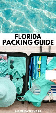 the florida packing guide is packed in an open suitcase with clothes and hats on it