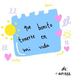 the words are written in spanish on a blue piece of paper with hearts around it