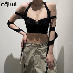 Bandage Top, Burning Man Fashion, Black Long Sleeve Crop Top, Black Crop Top Tank, Crop Top And Shorts, Crop Tank Top, Sleeves Top, Sleeve Detail, Black Crop Tops