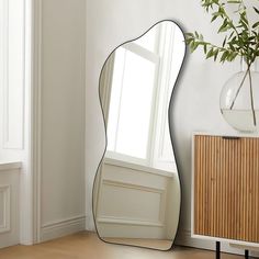 a mirror sitting on top of a wooden floor next to a plant