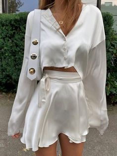 Tied Satin Two Piece Skirt Set Mini Pencil Skirt Outfits, Satin Two Piece Set, Khaki Tops, Pencil Skirt Outfits, Chic Skirts, Mini Pencil Skirt, Satin Long Sleeve, Sports Skirts, Mode Inspo