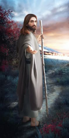 jesus holding a stick in his hand and standing on a path with trees behind him