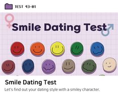 an image of the text smile dating test on top of a graphic representation of smiley faces