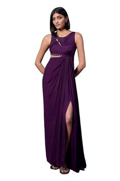 Purple crepe georgette padded draped gown with cutdana hand embellishments. - Aza Fashions Gowns Purple, Draped Gown, Purple Gowns, Drape Gowns, Gown For Women, Gown Pattern, Embellished Gown, Ladies Gown, Gowns Online