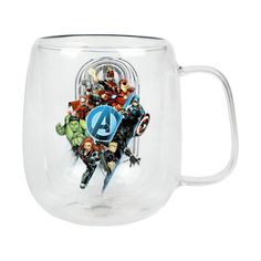 a glass mug with the avengers logo on it and many other characters in different poses