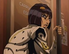 an anime character is standing in front of a door with her hand on the handle