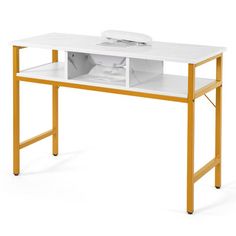 a white desk with yellow legs and an open drawer on the top, in front of a white background