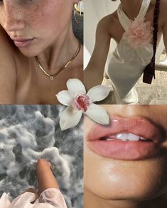 a collage of photos with white flowers and pink petals on the lips, an image of a woman's face