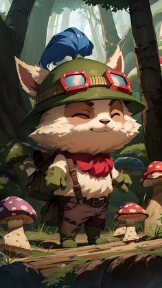 League of Legends, Teemo, solo, smile, gloves, 1boy, hat, :3, laugh, full body, closed eyes, boots, belt, pants, goggles, furry, green headwear, goggles on headwear, yordle, magic gigants forest, chibi, big mushrooms, cute, smile, no humans,