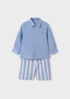 Abel & Lula Abel & Lula Linen Shirt & Striped Shorts Set for Boy - Little Miss Muffin Children & Home Light Blue Long Sleeve Sets For Summer, Light Blue Cotton Sets For Summer, Casual Blue Linen Set, Blue Linen Long Sleeve Sets, Kids Sleepwear, Ready Made, Shorts Set, Striped Shorts, Clothing Company