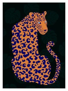 an orange and blue leopard sitting on top of a black background with green leaves around it