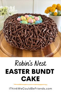 an easter bundt cake with chocolate icing and eggs on top