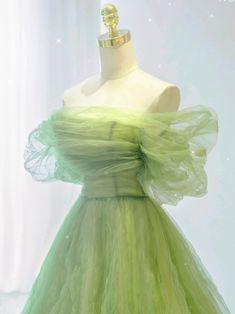 Green A-line Prom Evening Dress, Green A-line Evening Dress For Prom, Green Organza Evening Dress For Prom, Green Tulle Evening Dress, Green Organza Evening Dress For Banquet, Green A-line Tulle Dress, Green Tulle Evening Gown, Elegant Green Organza Ball Gown, Green Organza Ball Gown Evening Dress