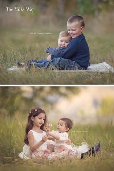 two children are sitting in the grass with their arms around each other and one child is holding