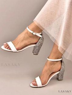 Lasaky - Elegant White Sequined Bridal Sandals with Open Toe and Delicate Sequin Embellishments Embellished Wedding Shoes, Open Shoes, Thigh High Stiletto Boots, Gold Wedding Shoes, White Wedding Shoes, Elegant High Heels, Bridal Sandals, Open Toe High Heels, Wedding Sandals