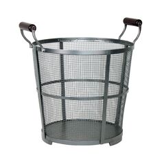 a metal trash can with two handles