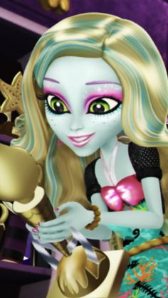 a girl with long blonde hair and green eyes is holding a gold object in her hand