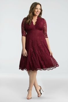 You'll look lovely in our plus size Mademoiselle Lace Dress. Designed with stretch lace and fully lined, this special occasion dress is perfect for engagement parties, weddings, formal events, and more. Available in other colors. Made in the USA. Made exclusively in women's plus sizes. Shop our entire collection of plus size lace dresses at www.kiyonna.com. #plussizefashion Dresses For Plus Size Apple Shape, Plus Size Dressy Tops, Plus Size Holiday Dresses, Plus Size Wedding Dresses With Sleeves, Gaun Koktail, Ideas Bautizo, Cocktail Dresses With Sleeves, Sukienki Plus Size, Garden Party Dresses