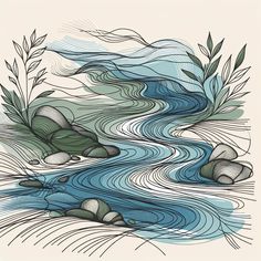 Flowing River Canvas How To Draw River Water, River Line Art, Abstract River Painting, River Artwork, Line Art Landscape, River Abstract, Lake Illustration, River Illustration, River Drawing