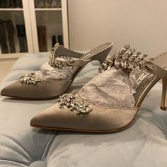 Manolo Blahnik Lurum Grey Satin Crystal Embellished Mules Nwt! Never Worn. Stunning Shoe. Comes With Original Box And One Dust Bag. “Grey Satin Mules Featuring Pointed Toe, Front Strap With Crystal Embellishment And Stiletto High Heel. Upper: 68% Viscose, 32% Silk. Sole: 100% Cow Leather. Lining: 100% Goat Skin. Heel Measures 90 Mm. Made In Italy.” - Manoloblahnik.Com Crystal Embellished Ankle Strap Wedding Shoes, Embellished Ankle Strap Wedding Shoes For Gala, Elegant Embellished Ankle Strap Heels, Silver Bedazzled Ankle Strap Heels, Silver Ankle Strap Evening Wedding Shoes, Embellished Pointed Toe Evening Wedding Shoes, Evening Embellished Pointed Toe Wedding Shoes, Embellished Pointed Toe Wedding Shoes For Evening, Embellished Evening Wedding Shoes With Pointed Toe