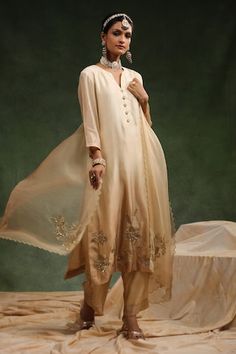 Beige ombre kurta with floral embroidered bottom and back. Paired with an embroidered hem pant and scallop hem dupatta. - Aza Fashions Luxury Katan Silk Cream Dupatta, Zainab Chottani, Raw Silk, Champagne, Coral, Embroidery, Silk, Fabric