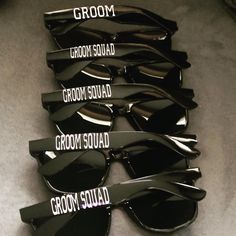 seven pairs of sunglasses that say grooms, groom squad, groom squad and groom