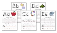 four different letter worksheets with an apple, butterfly and elephant on the front