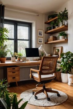 a home office with plants on shelves and a desk in front of a large window