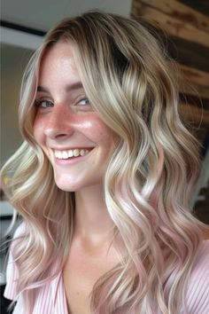 Blonde with Pastel Pink Accents Hair Color Idea. Subtle Pink Highlights Blondes, Pink Hair Color Ideas For Blondes, Blush Pink Highlights, Pastel Pink Highlights, Blonde With Pink Highlights, Subtle Pink Highlights, Pink Highlights In Blonde Hair, Blonde Pink Hair, Blonde To Pink Ombre