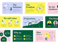 six different presentation slides with green, yellow and pink