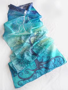 Blue scarf for the summer time by Luiza Malinowska  #silk #scarf #silkscarf #bluescarf #blue #mintblue #treescarf #beachscarf #pareo #coolscarf Silk Scarfs, Beach Scarf, Mint Background, Blue Silk Scarf, Painting Light, Scarf Summer, Summer Cool, Beach Wrap, Hand Painted Silk Scarf