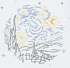 a drawing of a night sky with stars and the moon in the distance over a town