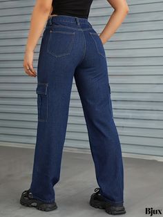 Bjux - Womens High Waisted Cargo Pants with Flap Pockets and Straight Leg Fit in Blue Washed Denim Utility Denim Trousers, Utility Style Denim Trousers, Non-stretch Denim Utility Pants, Denim Blue Cargo Trousers, Denim Cargo Jeans With Hip Pockets, High Rise Non-stretch Denim Cargo Pants, Non-stretch High Rise Utility Jeans, Full Length Non-stretch Denim Cargo Pants, Denim Cargo Jeans With Side Pockets