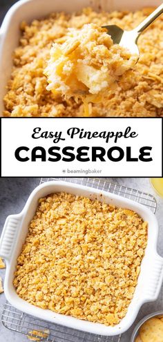 Cheesy, buttery, and sweet! This Pineapple Casserole is packed with sweet pineapples, tangy cheddar cheese, and topped with a buttery cracker crust. A Southern favorite for Thanksgiving and Easter. | Recipe at BeamingBaker.com Baked Pineapple Casserole, Pineapple Casserole Recipe, Peppermint Bark Recipe, Fast Easy Desserts, Pineapple Casserole, Peppermint Bark Recipes, Baked Pineapple, Vegetable Diet