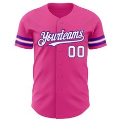 Custom Pink White-Purple Authentic Baseball Jersey Pink Baseball Jersey With Letter Print, Pink Baseball Jersey With Team Name For Baseball Season, Pink Baseball Jersey For College Baseball Season, Pink Baseball Jersey For College Season, Pink Baseball Jersey With Team Name, Pink Baseball Jersey For College, Pink Baseball Jersey For Game Day, Pink College Baseball Jersey, Pink Jersey Baseball Jersey For Sports Events