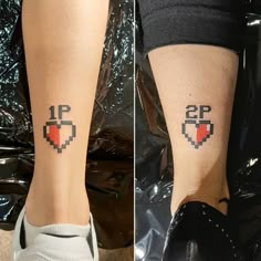 two pictures of the same person's legs with pixel tattoos on them, one has an arrow and the other has a heart