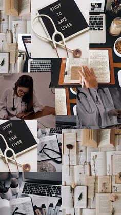 a collage of photos with books, laptops and other things on the table