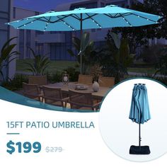 an umbrella with lights on it sitting in front of a table and chairs at night