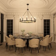 a dining room table with six chairs and a chandelier hanging from the ceiling